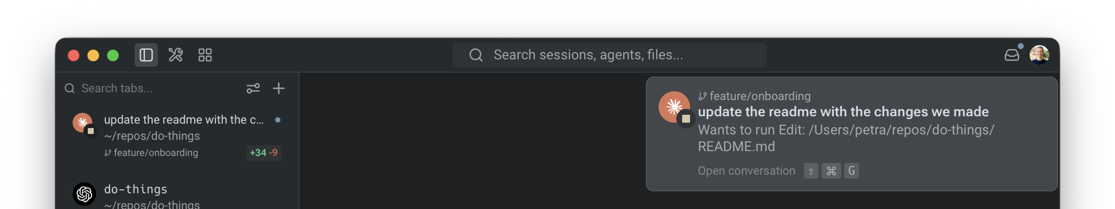 Warp notification popup showing an agent requesting permission to edit a file