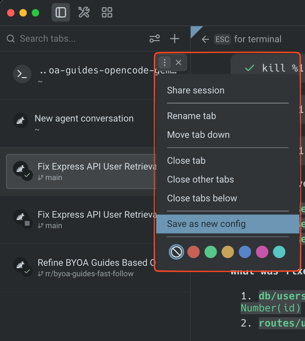 Creating a new tab config from the tab context menu in Warp