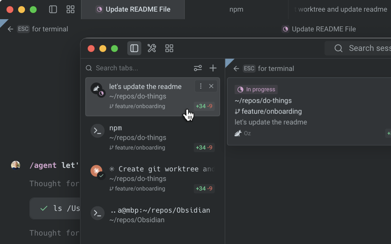 Warp vertical tabs sidebar showing multiple terminal sessions with branch metadata