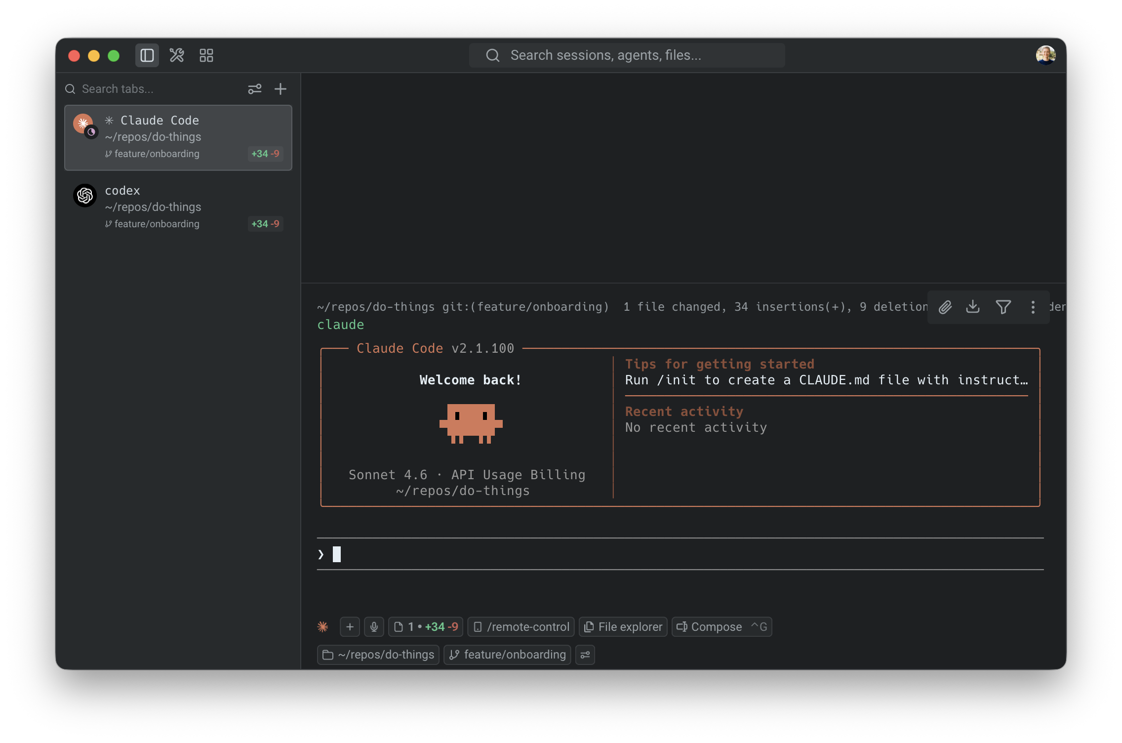 Multiple agent tabs in Warp's vertical sidebar showing session status, branch, and directory metadata